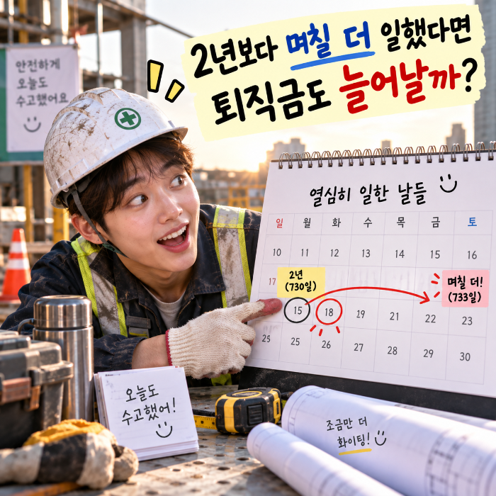 2년보다 며칠 더 근무했을 때 추가 재직일수까지 반영되어 퇴직금이 늘어날 수 있는지 달력으로 확인하는 근로자 이미지