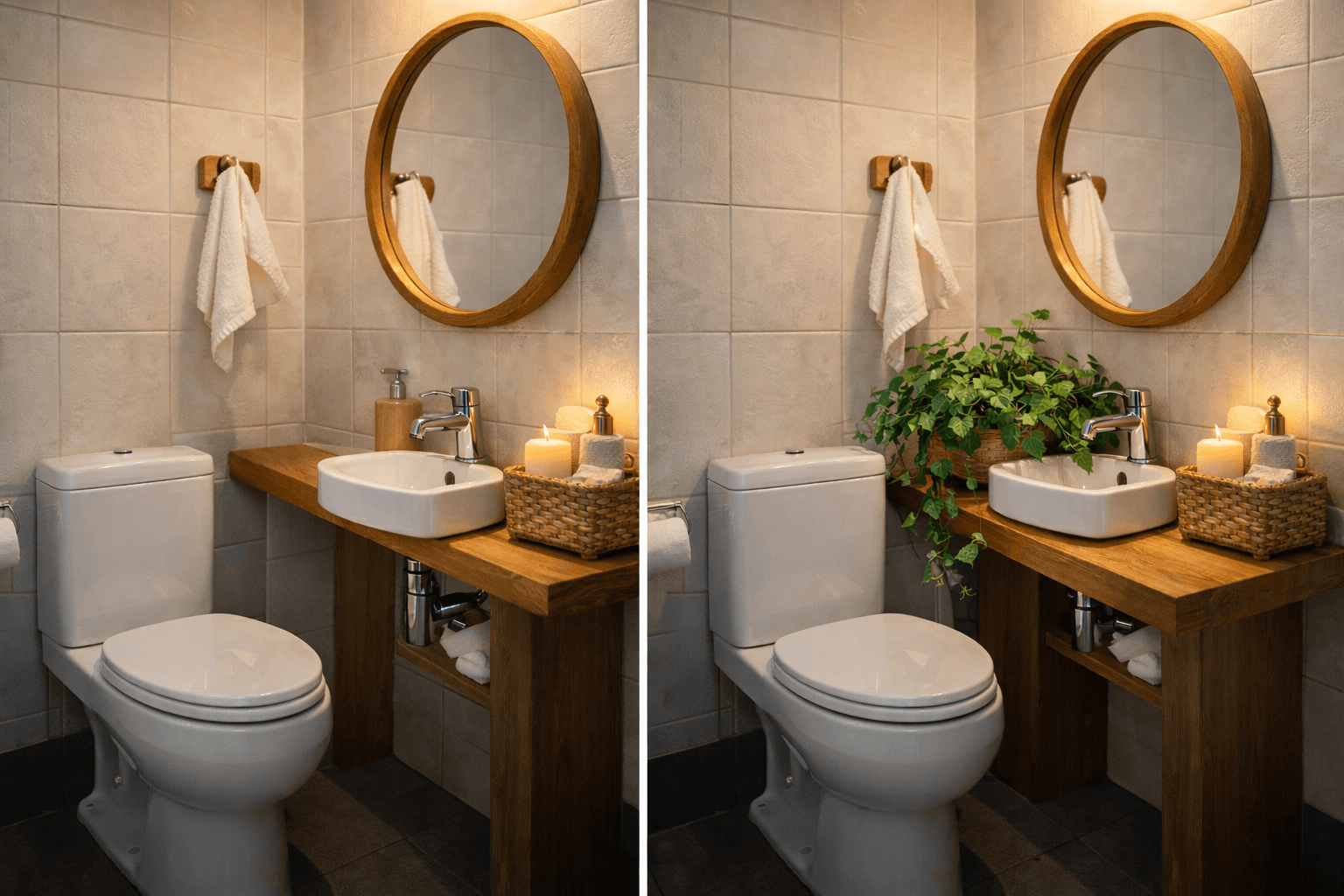 화장실 식물 하나로 분위기가 달라지는 욕실 공간 비교, 같은 화장실에 아이비 식물을 두기 전과 후의 차이를 보여주는 실내 인테리어 모습