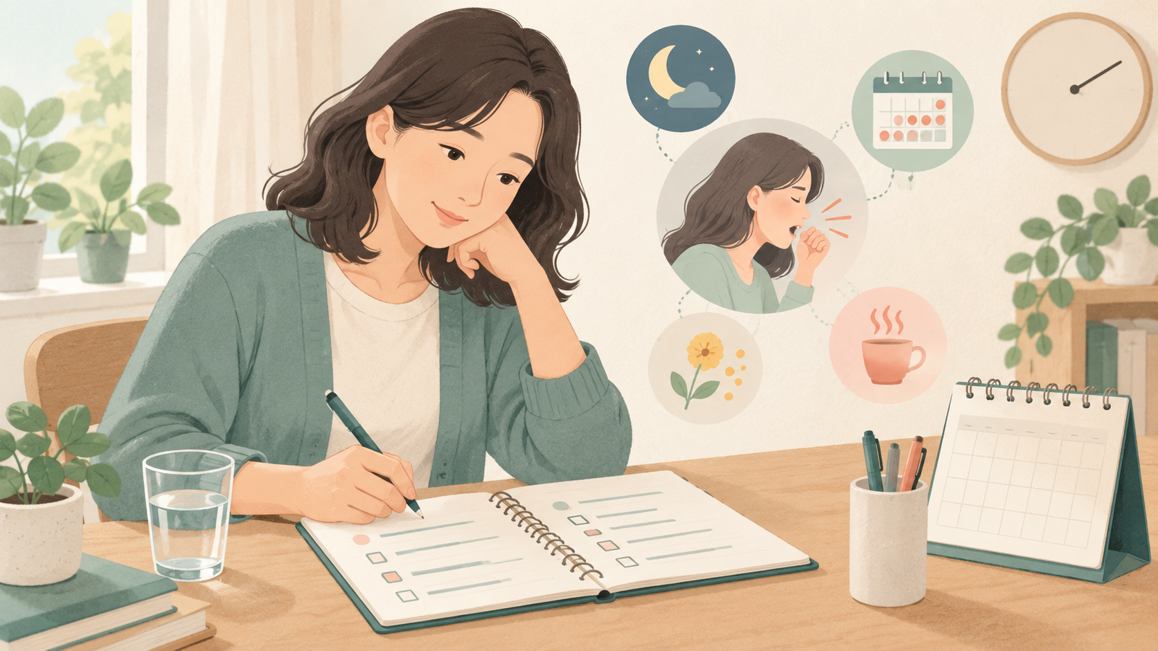 진료 전 기침 기간과 동반 증상을 메모하는 모습