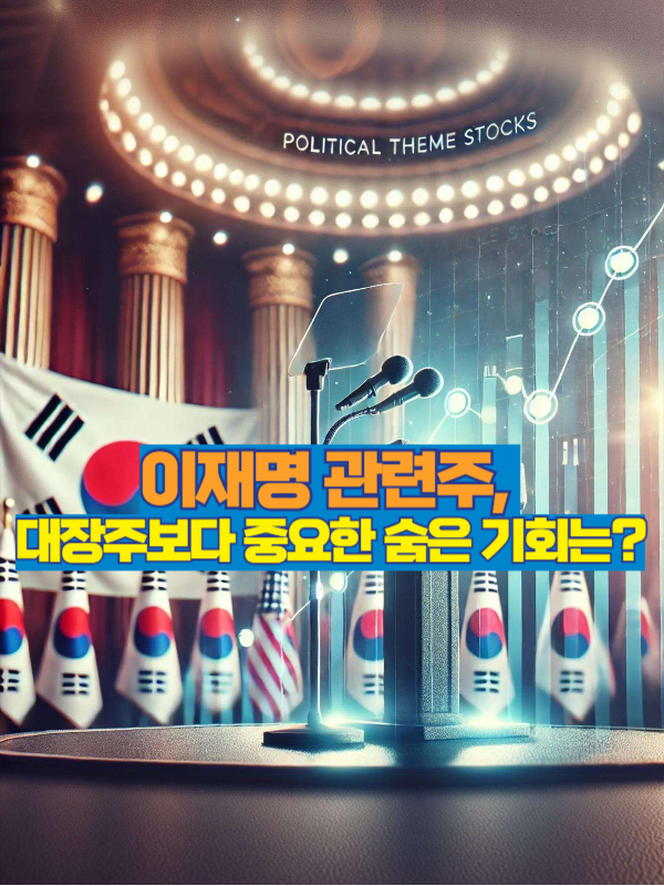 이재명 관련주를 상징하는 정치 테마주 썸네일, 주가 그래프와 한국 정치 배경의 감성 이미지