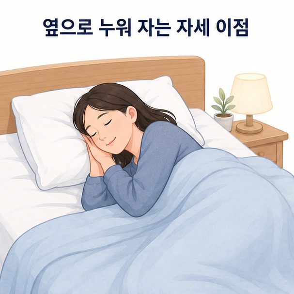 침대에서 옆으로 편안하게 누워 자는 모습으로 표현한 옆으로 자는 자세의 이점 안내 이미지