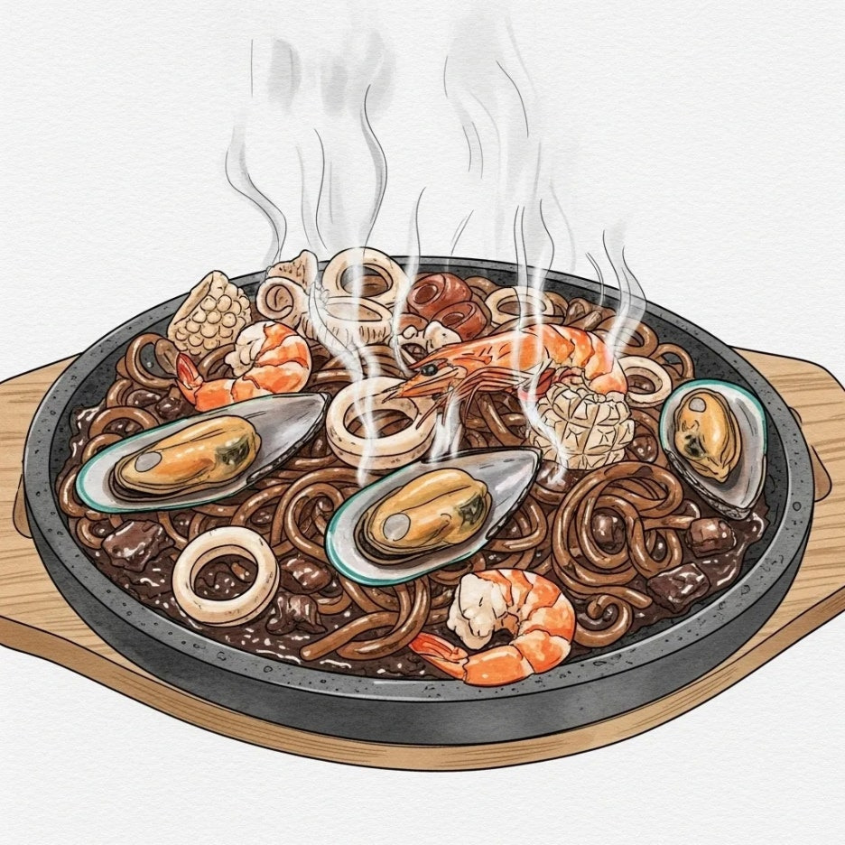 뜨거운 돌판 위 푸짐한 해물짜장면