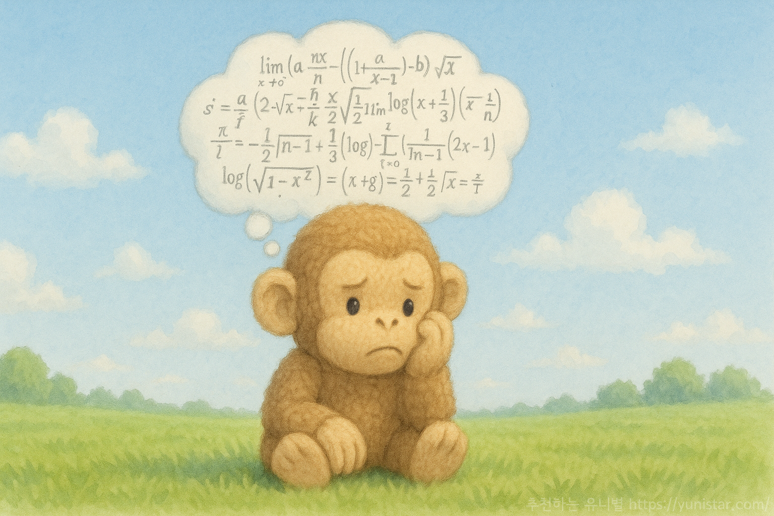 어려운 문제를 풀며 고민하는 원숭이 이미지