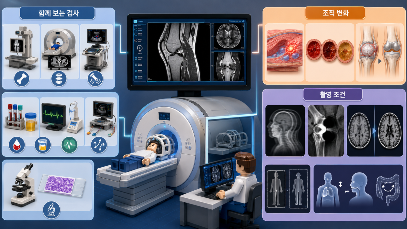 MRI와 함께 시행하는 검사들의 역할과 MRI 영상이 달라지는 원인을 비교한 의료 인포그래픽