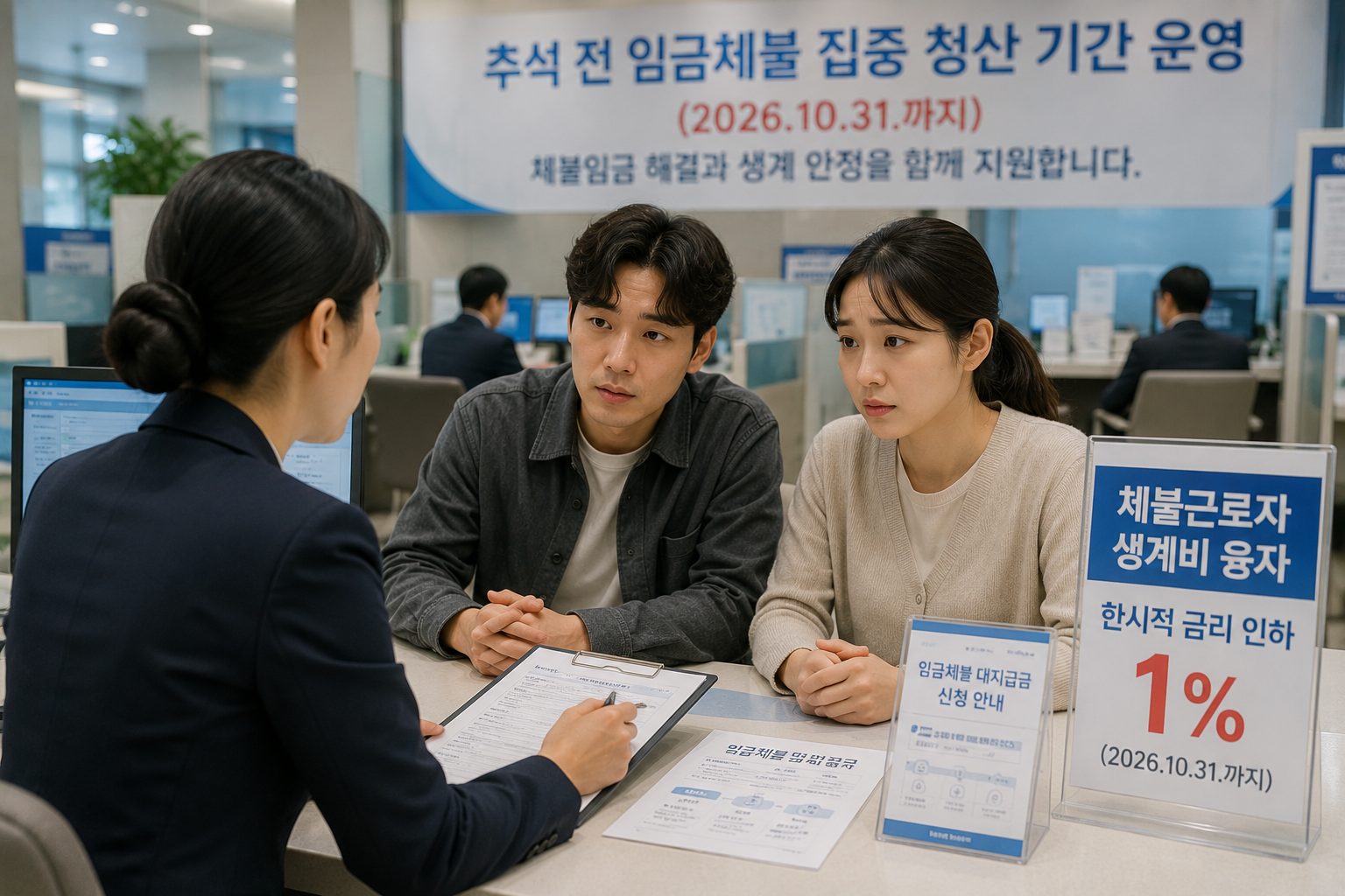추석 전 임금체불 근로자들이 생계비 융자 1% 금리 인하와 대지급금 신청에 대해 상담받는 전경 모습