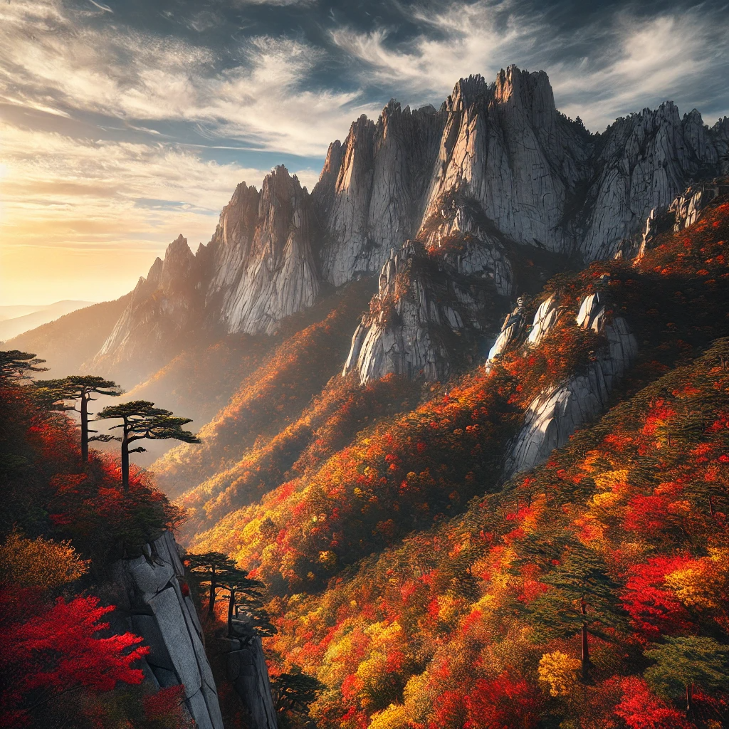 가을 단풍으로 물든 설악산의 절경, 선명한 바위 절벽과 맑은 하늘을 배경으로 한 아름다운 풍경