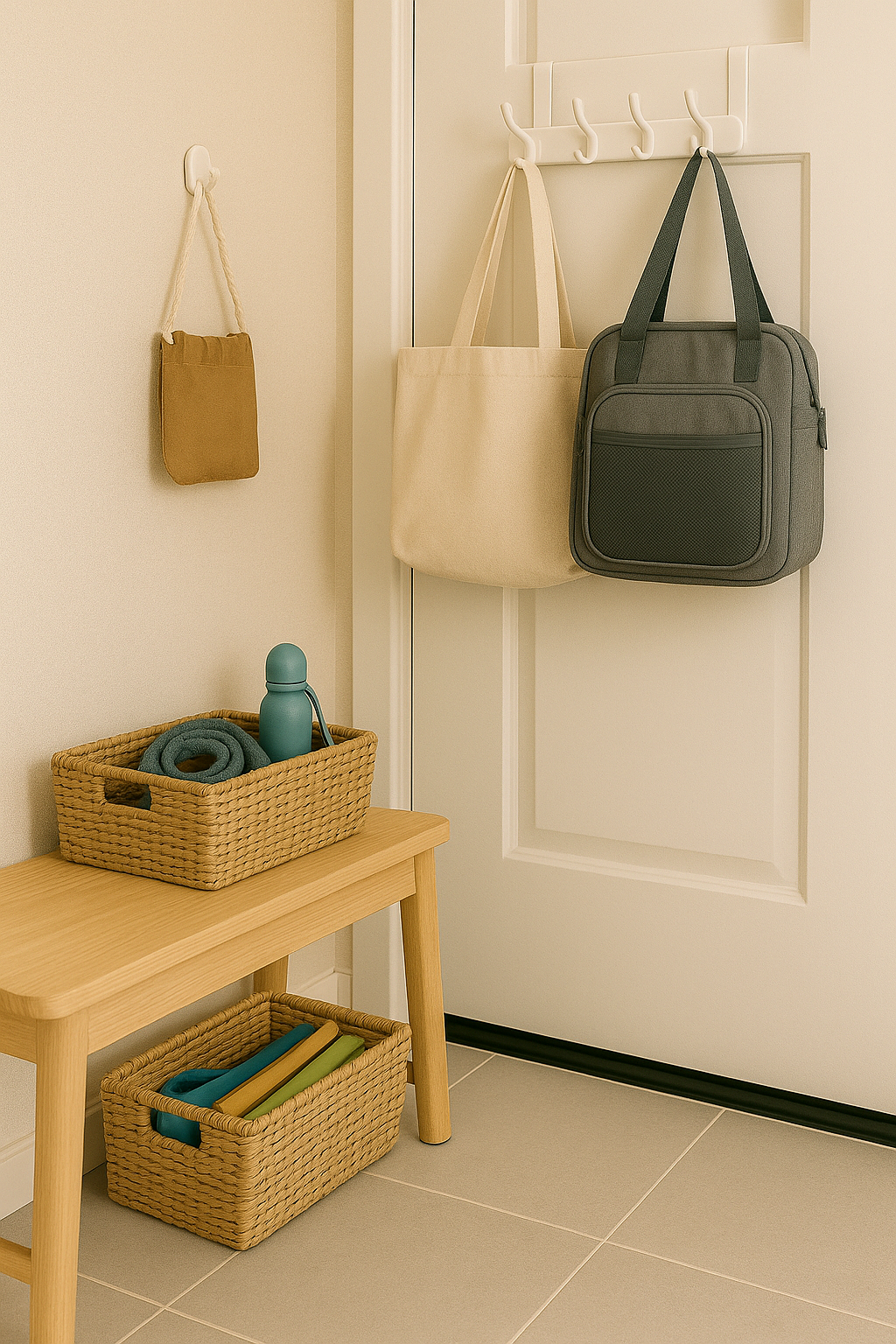 현관에 외출용 바구니와 도어 행거가 정리된 모습