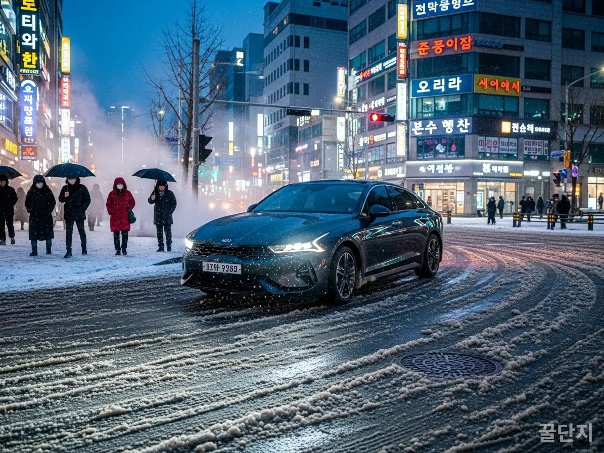 ๊ฒจ์ธ์ฒ ๋ธ๋์์ด์ค ๋๋ก์์ ์ํํ๋ฉฐ ์ฐํ์ ํ๋ ์ฐจ๋