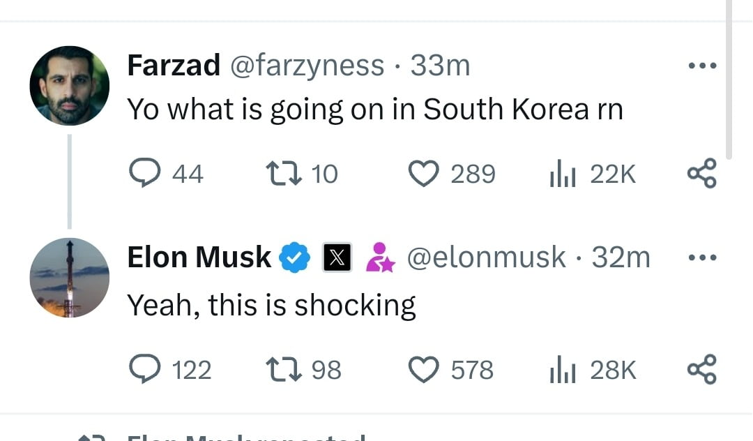 머스크는 이날 한국의 비상계엄 사태와 관련된 트윗 2개에 리트윗했다. 하나는 비상계엄에 대한 놀라움을, 또 다른 하나는 국회의 빠른 결단에 대한 경이로움이었다.
