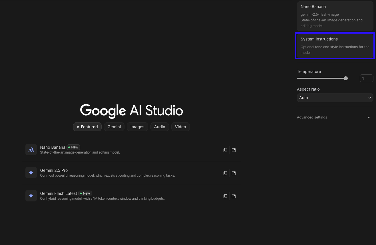 System instructions 입력 필드 확장하는 모습