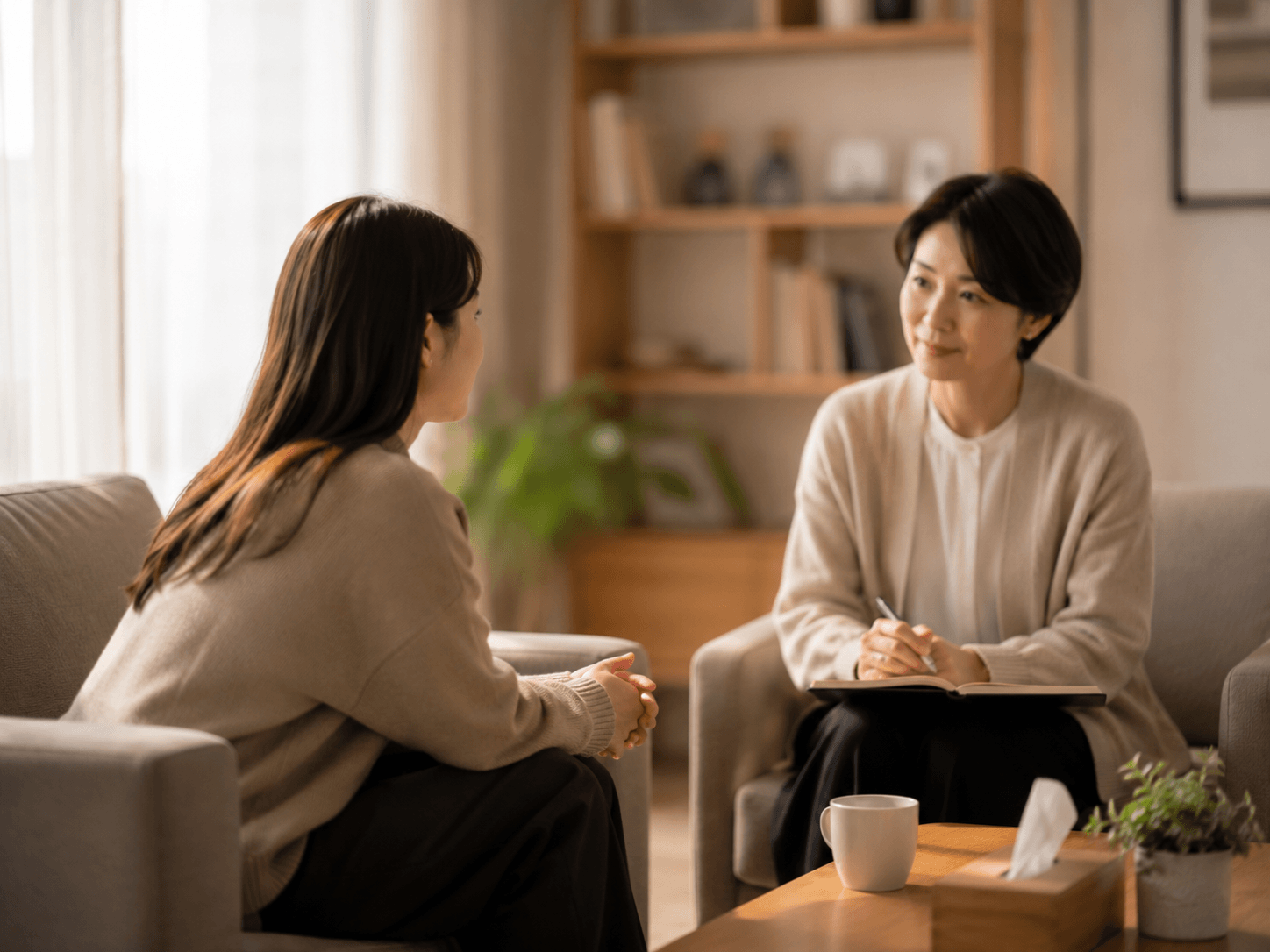 아늑하고 따뜻한 조명의 상담실 소파에 앉아 고소공포증 전문 치료법과 극복을 위해 상담받는 편안한 분위기