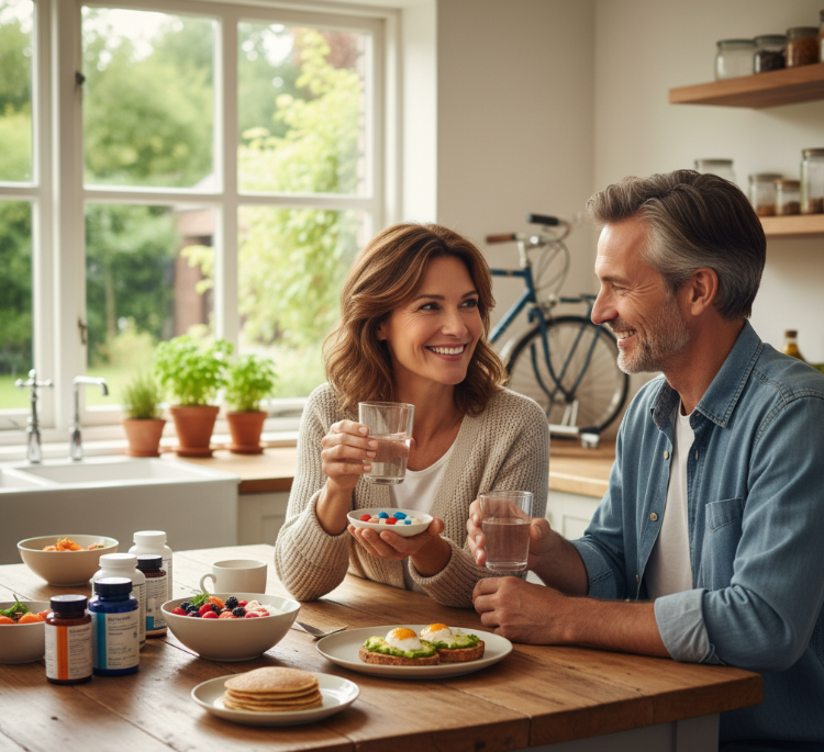 영양제를 섭취하면서 건강한 삶을 유지하는 부부의 모습