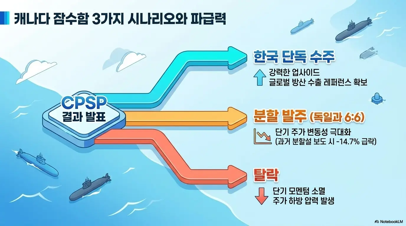 한화오션 주가 전망: 캐나다 잠수함 결과 발표에 따른 한화오션 주가 전망 3가지 시나리오를 보여주는 이미지로, 한국 단독 수주 시 글로벌 방산 수출 레퍼런스 확보, 독일과 6대 6 분할 발주 시 단기 주가 변동성 극대화, 탈락 시 주가 하방 압력을 화살표로 구분함. 과거 분할설 보도 시 14.7% 급락 사례를 함께 담아 변동성 위험을 설명함.