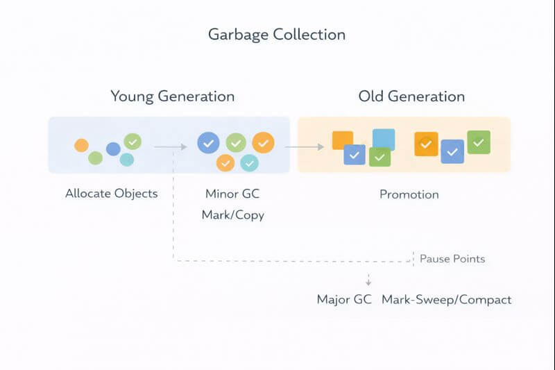 GC 루트에서 시작해 살아 있는 객체를 마크하고, 가비지를 스윕하거나 컴팩트하며, Young/Old 세대별로 수집하는 전산학 GC 흐름과 스톱 더 월드 지연 지점을 함께 표시한 다이어그램