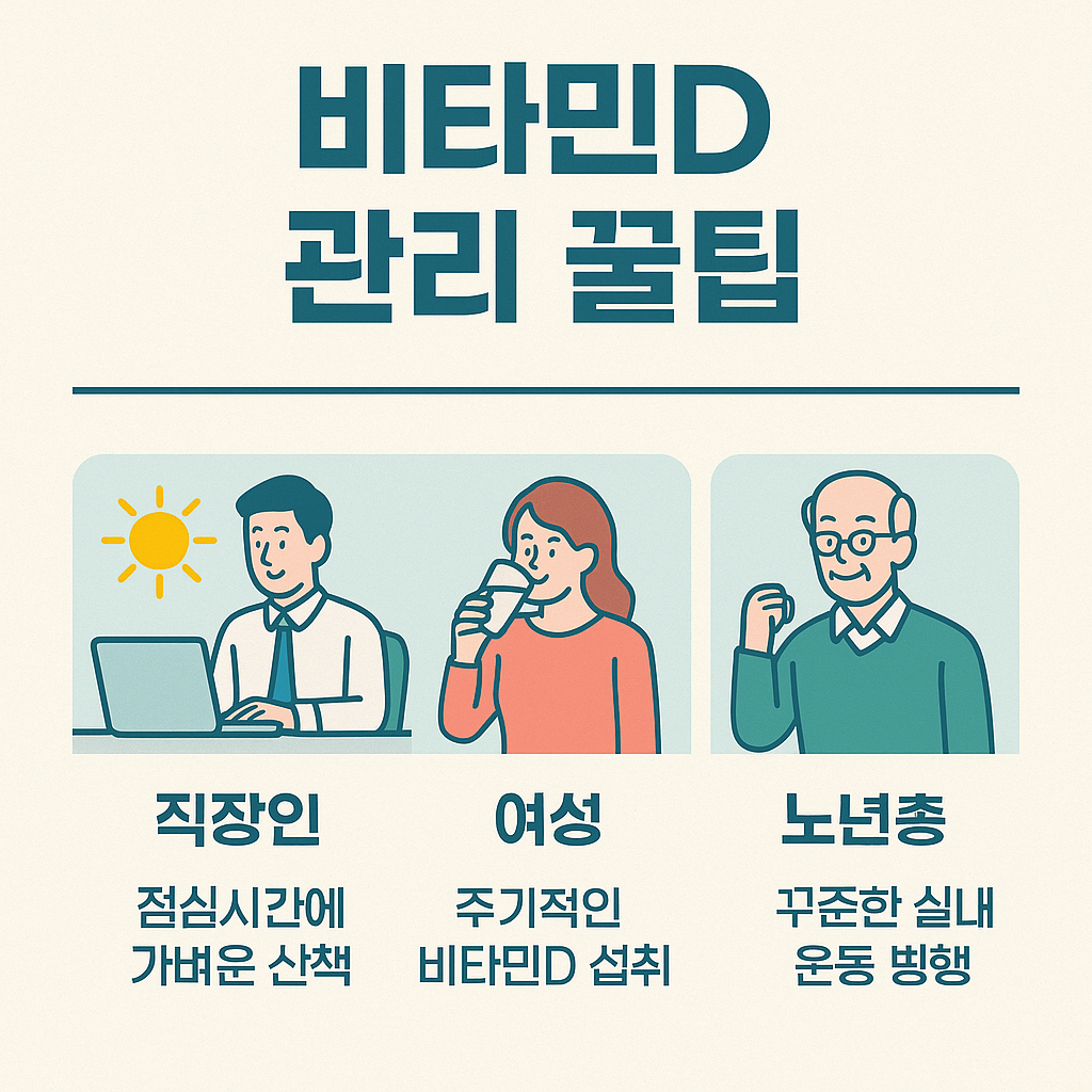 "비타민D 관리를 위한 직장인, 여성, 노년층 대상별 건강관리 팁 인포그래픽. 산책, 영양제, 실내운동 강조."