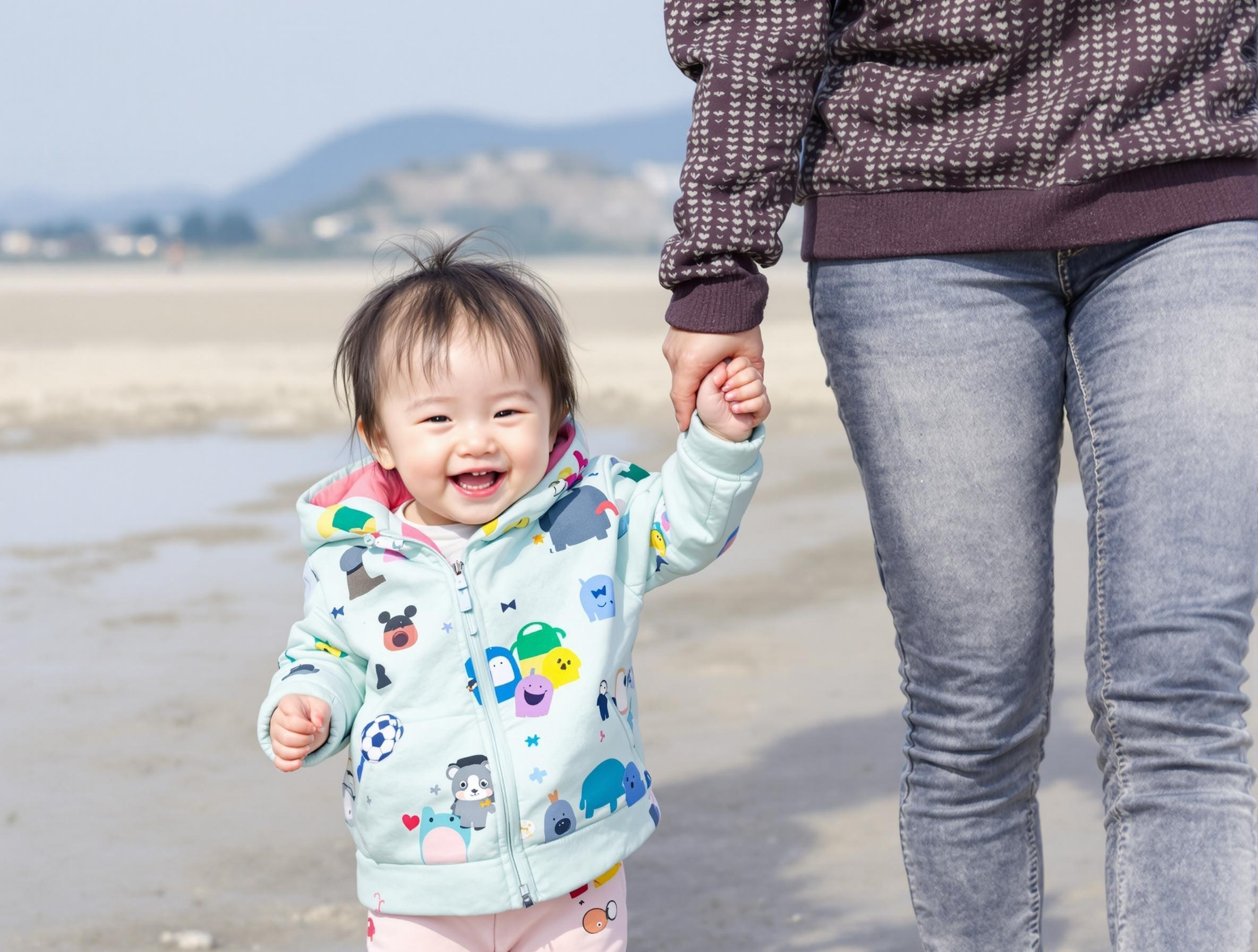 아이가 부모와 걸으며 웃고 있다