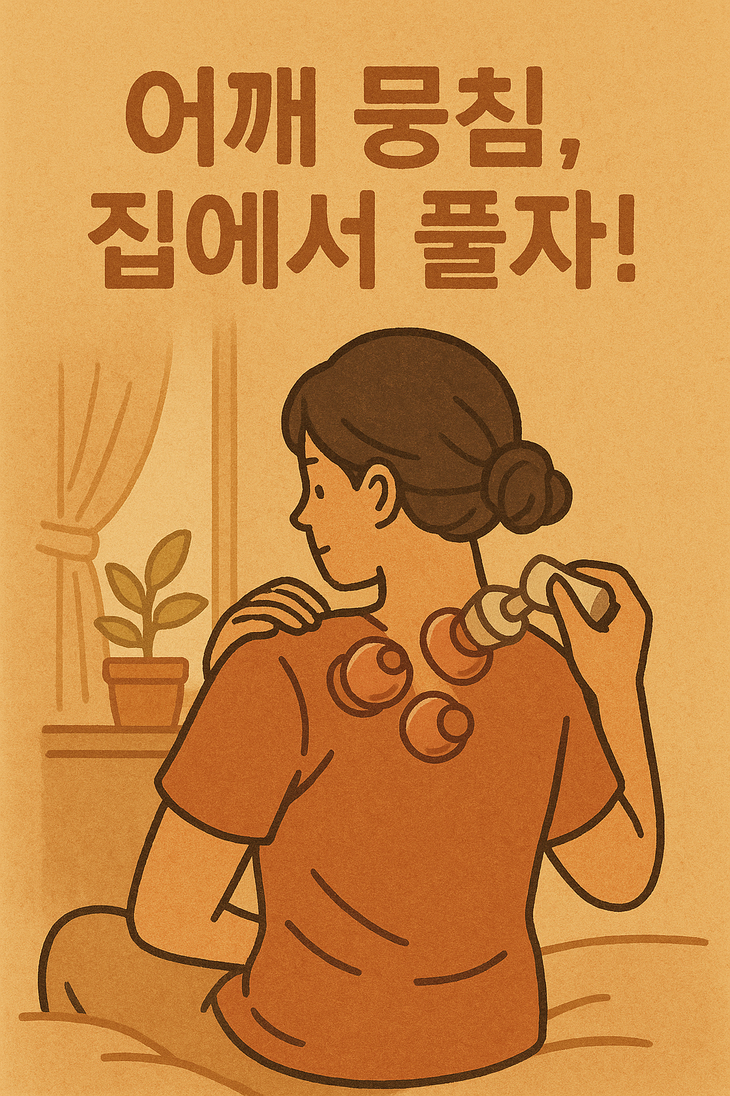 셀프 부항기를 어깨에 부착하고 있는 사람의 편안한 모습 일러스트