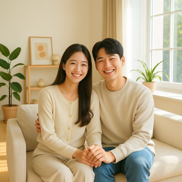 밝은 신혼집 인테리어와 함께 행복한 한국인 신혼부부의 미소 이미지