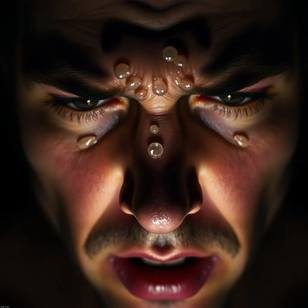 이마에 땀방울이 송골송골 맺혀 있는 얼굴 클로즈업. 초점은 이마의 땀에 맞춰지고, 주변은 다소 어두운 톤으로 긴박한 분위기를 연출합니다.