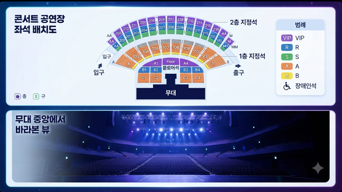 콘서트 장내 좌석 배치도 및 무대 중앙 관람 시야 예시