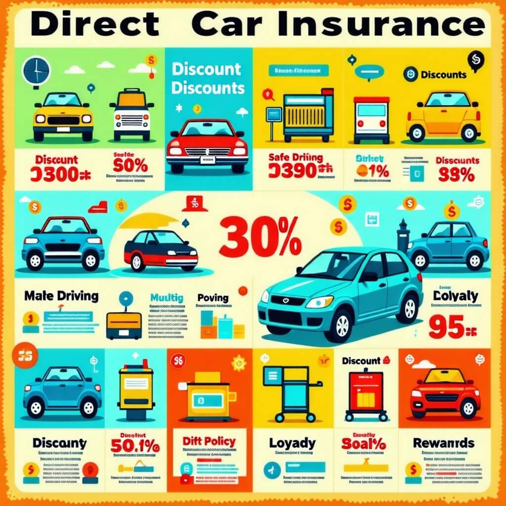 다이렉트 자동차 보험의 다양한 할인 혜택을 설명하는 이미지.