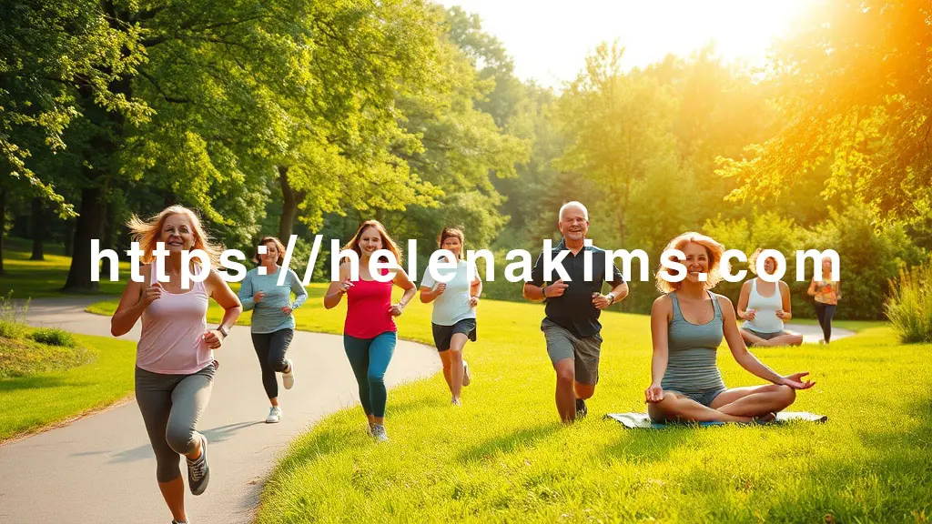 따뜻한 햇살이 비치는 푸른 공원이나 고요한 숲 속. 다양한 연령대의 사람들이 가볍게 조깅하거나 잔디밭에서 평화롭게 요가 또는 명상을 하고 있는 모습.