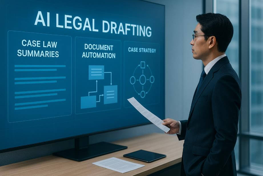 변호사가 AI가 정리한 판례&middot;문서 자동화 화면을 분석하는 장면