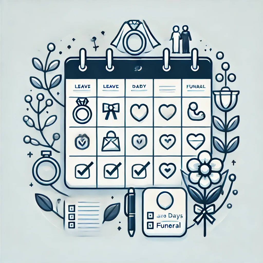 결혼, 출산, 장례 등 경조사를 상징하는 캘린더와 체크리스트, 아이콘이 포함된 상징적 일러스트