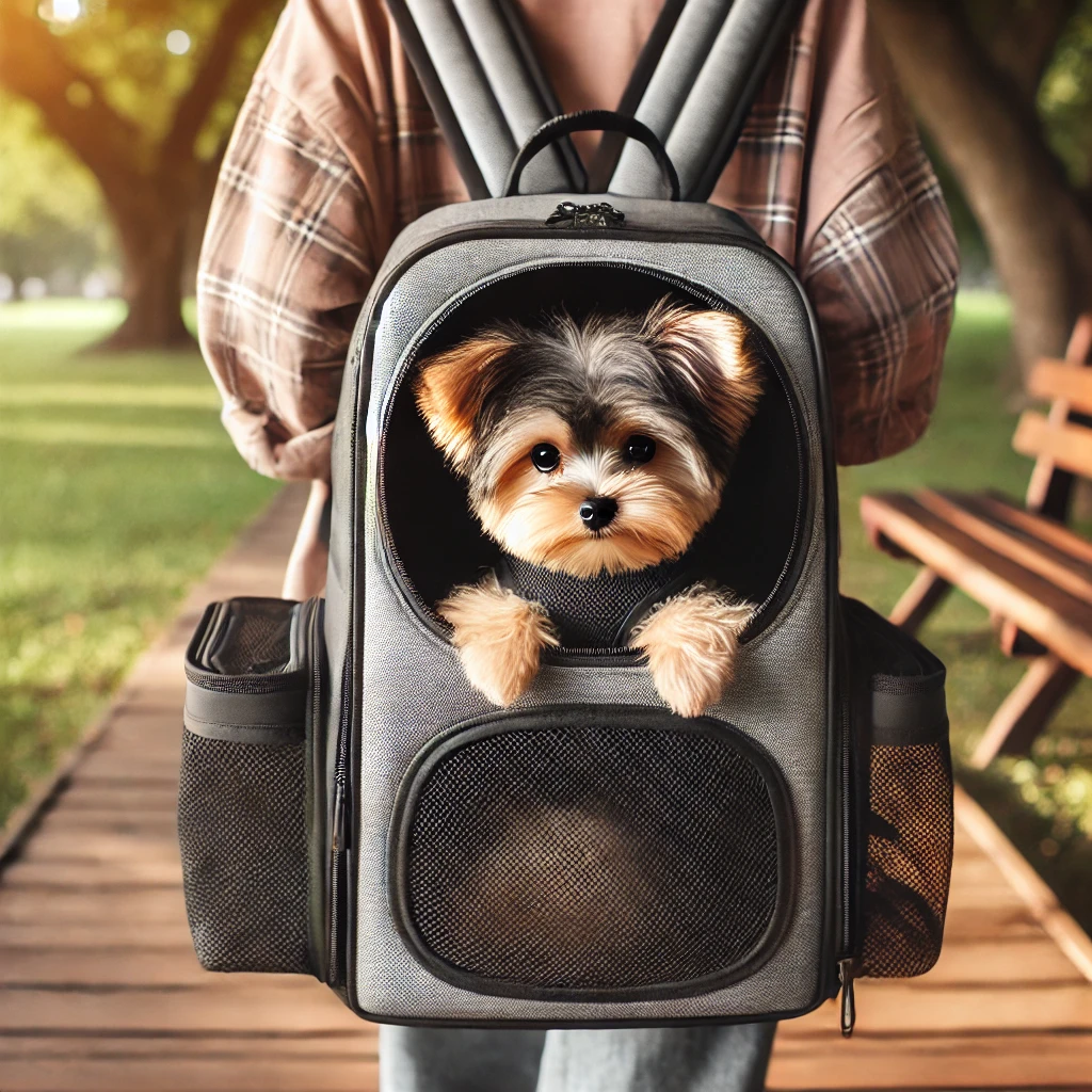 백팩형 이동장에 있는 강아지