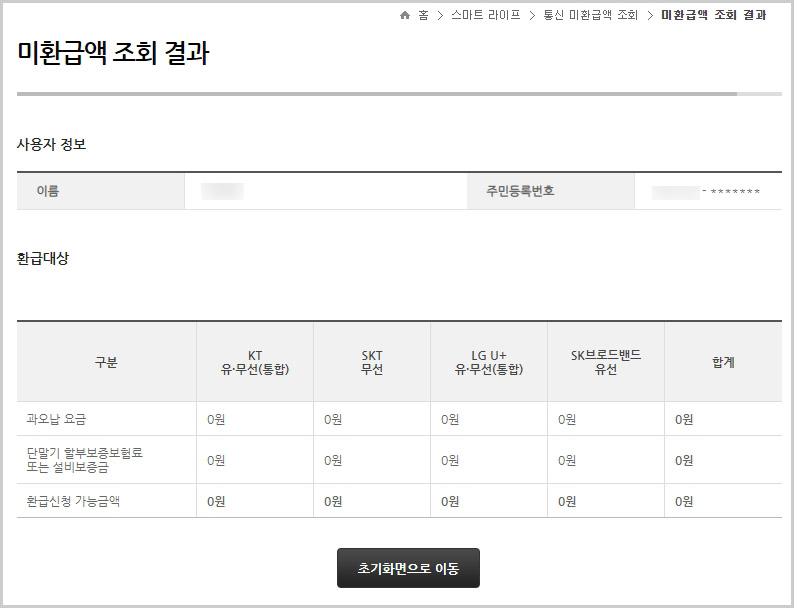 통신 미환급액 조회 결과