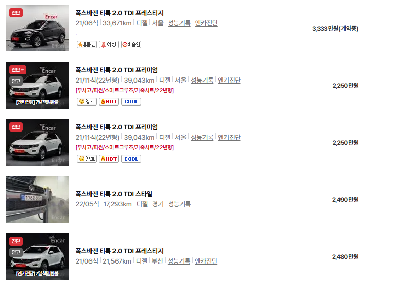 폭스바겐 티록 중고차 가격 시세표 연비