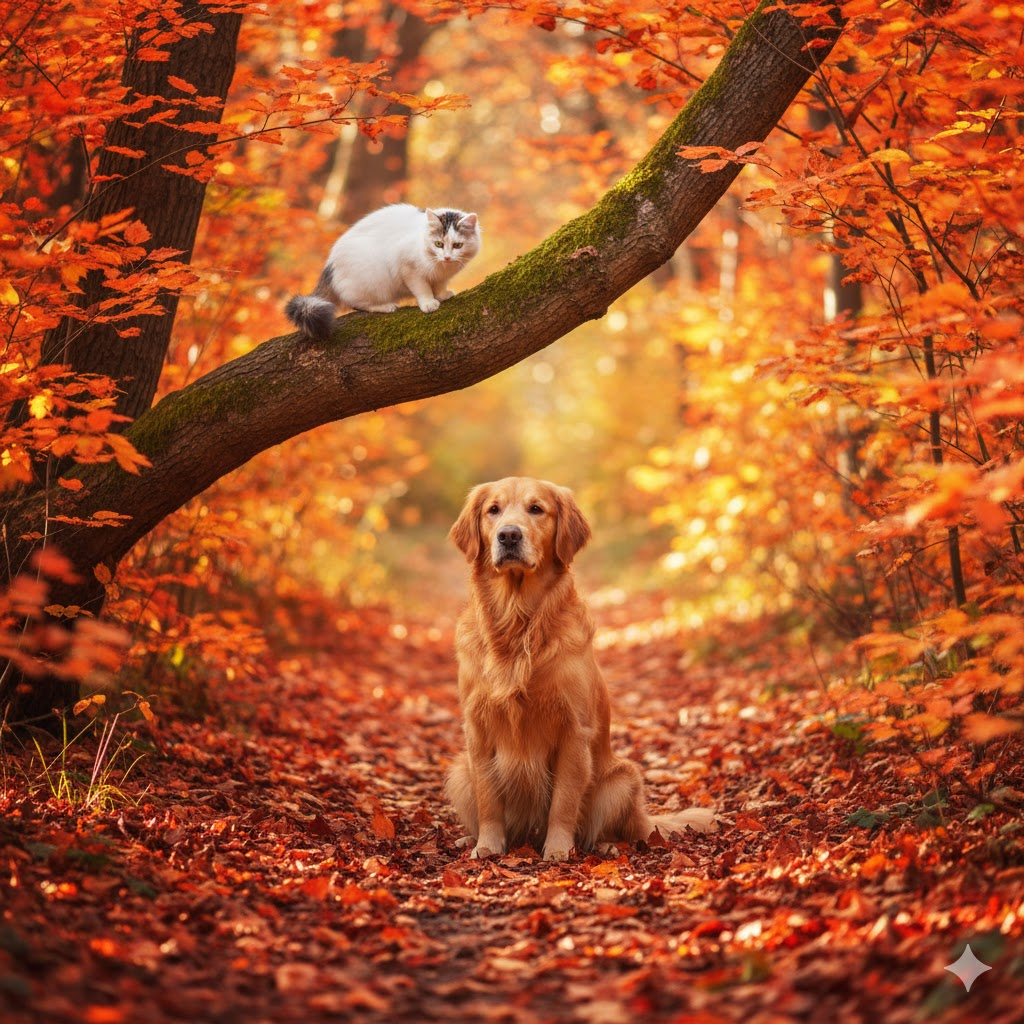 가을 단풍숲 속 나뭇가지 위에 앉은 고양이와 낙엽길 위에 앉아 있는 골든리트리버 강아지가 함께 있는 풍경