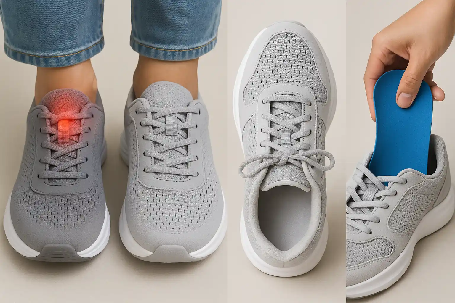 발등을 압박하는 신발(끈을 꽉 조인 운동화)과 발볼이 넓고 쿠션감 있는 신발을 비교한 이미지. 정형외과용 깔창을 운동화에 넣는 장면