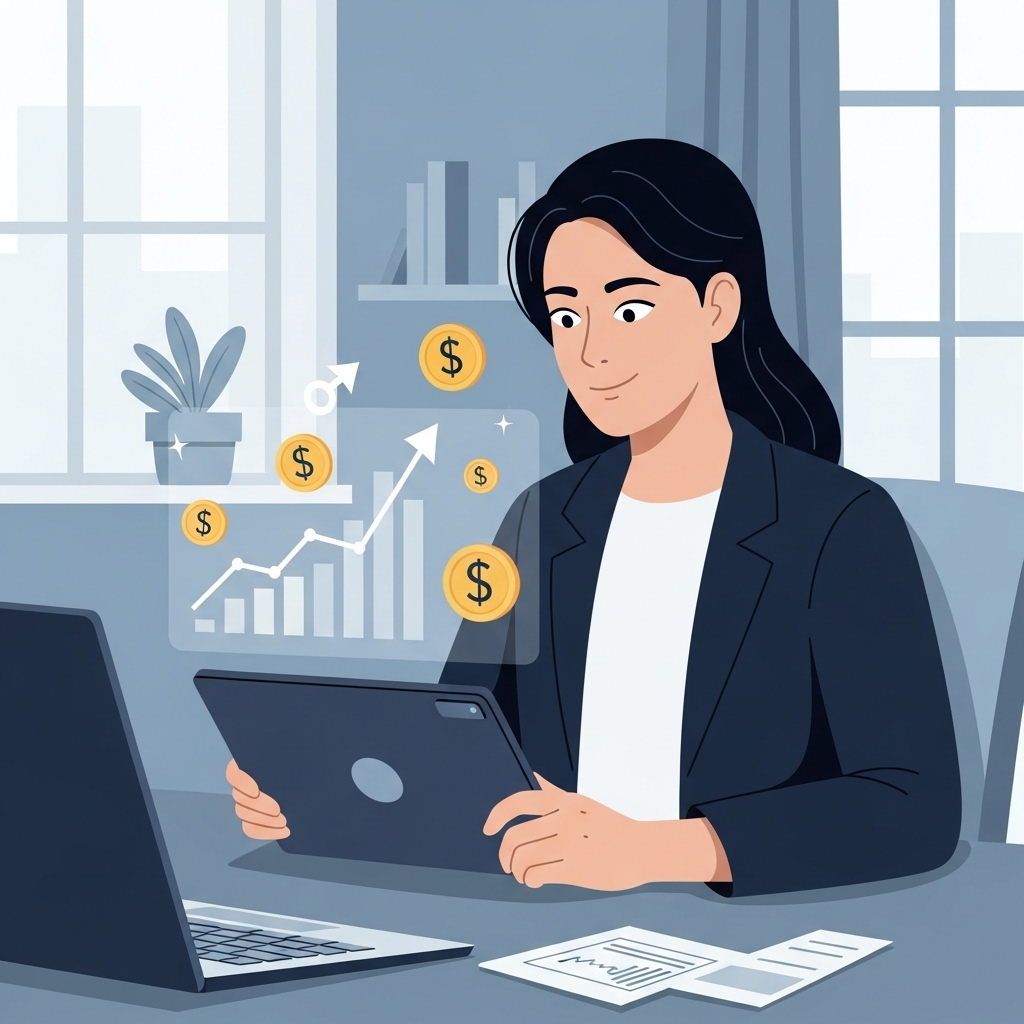 태블릿으로 금융 그래프를 보며 성공적인 노후 계획에 만족하는 월급쟁이의 모습. 파란색과 회색 톤으로 안정감 있는 미래를 암시.