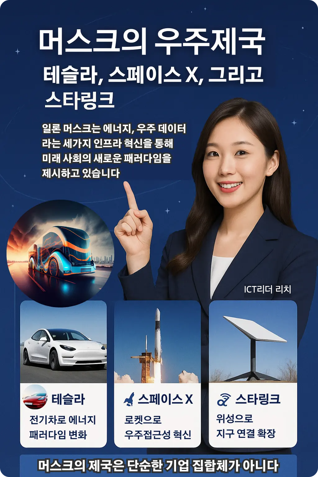 머스크의 우주 제국 인포그래픽 - 테슬라, 스페이스X, 스타링크 혁신을 설명하는 여성 중심 이미지