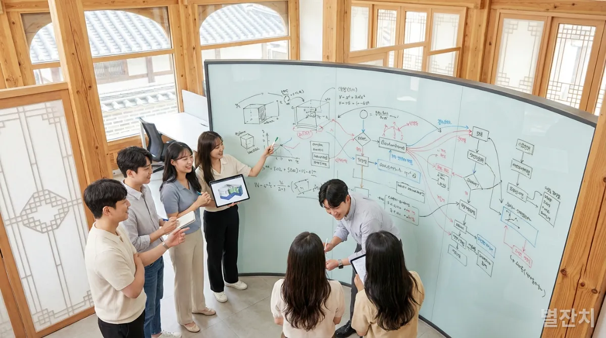 한국의 젊은 전문가들이 현대적인 사무실에서 예술, 과학, 비즈니스 아이디어를 융합하여 토론하는 모습