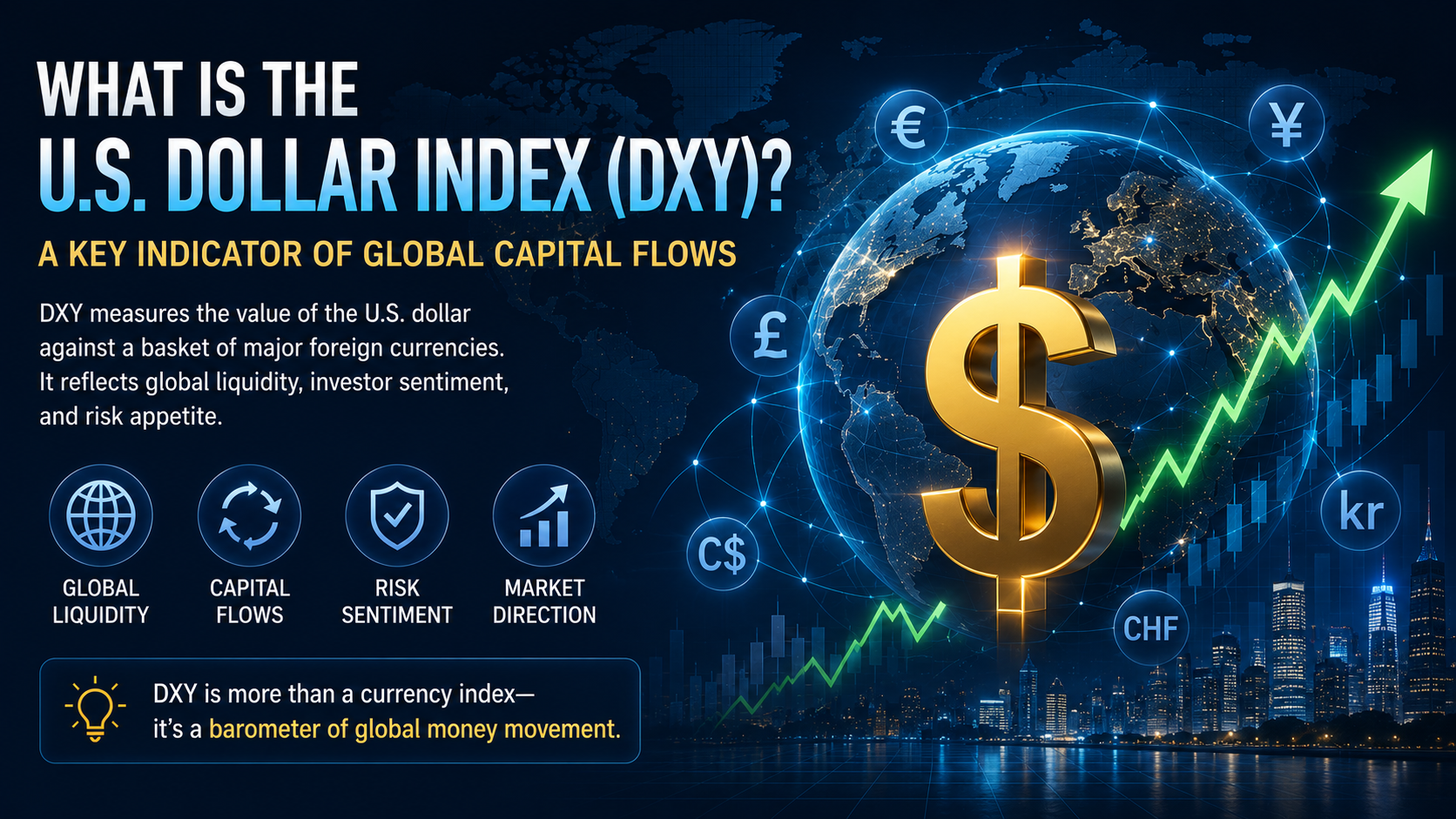 U.S. Dollar Index (DXY) concept showing global capital flows, dollar strength, market sentiment, and international financial connections.