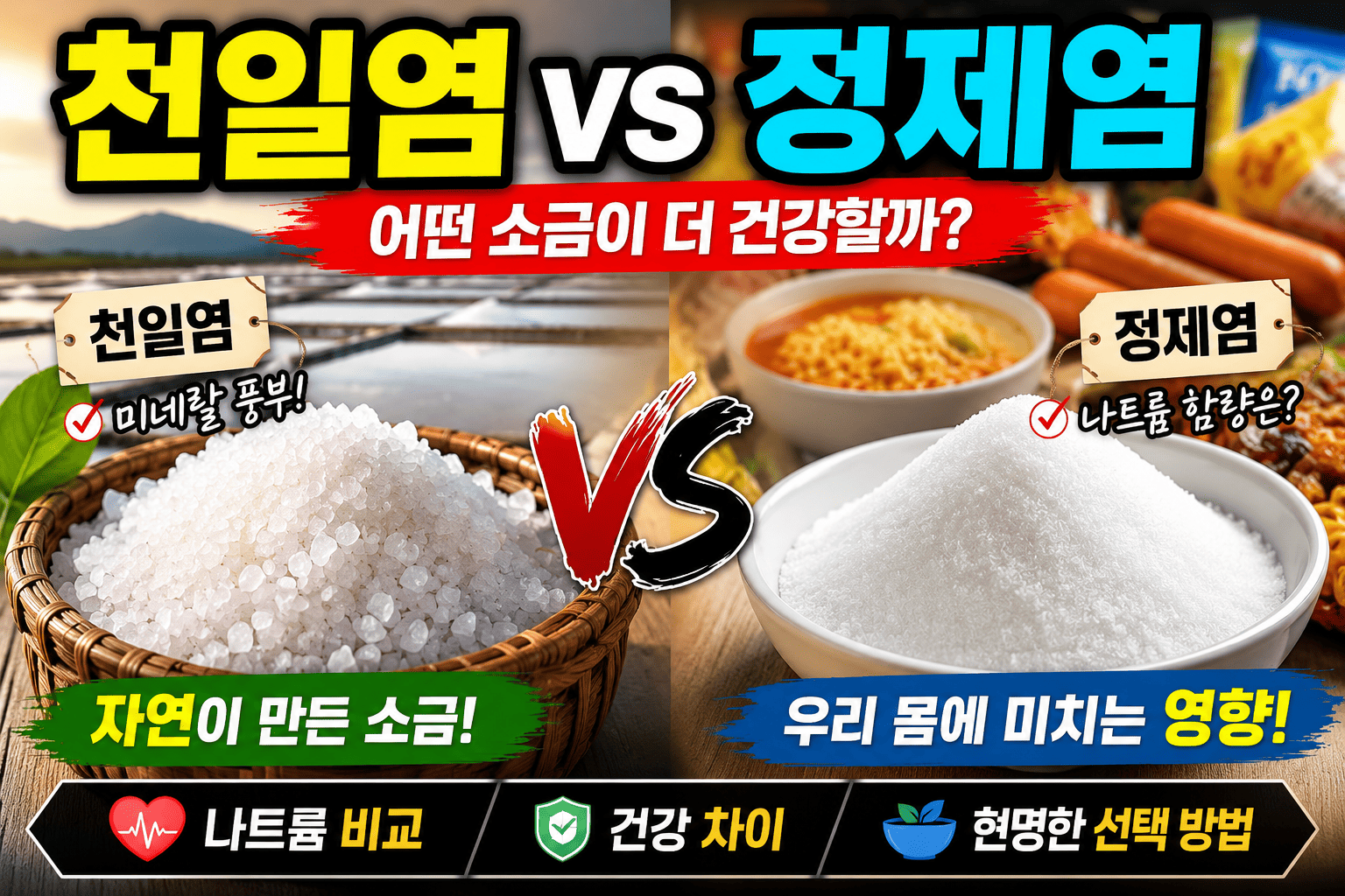 천일염과 정제염 비교 (소금종류, 나트륨, 건강차이)