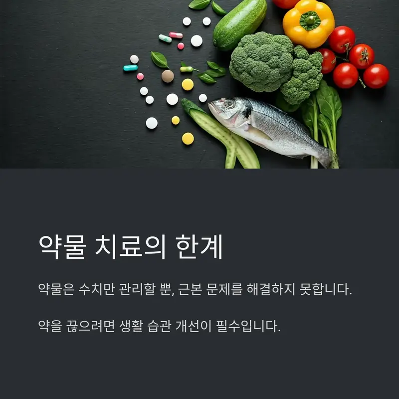약물 치료 한계를 나타내는 알약과 건강식품 구성 이미지