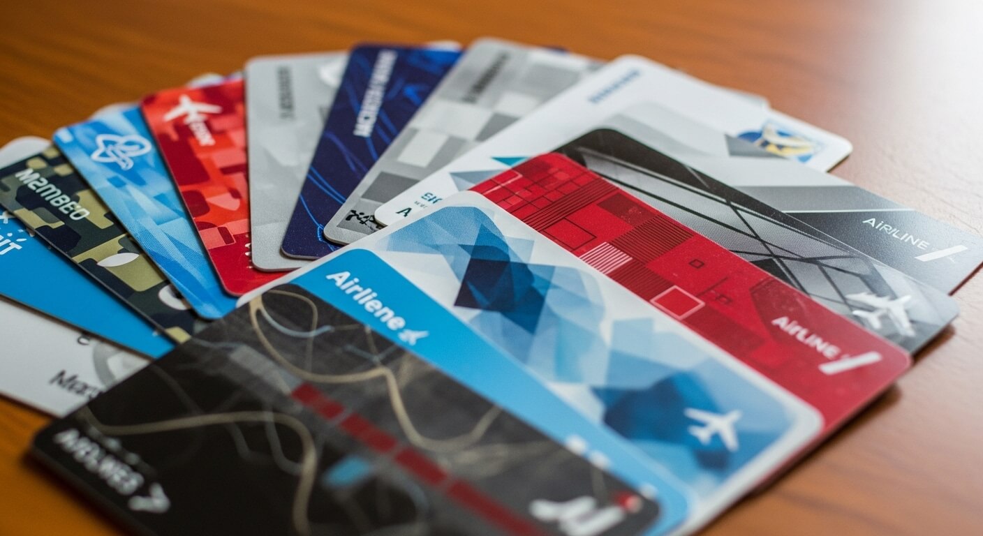 다양한 항공사 멤버십 카드들이 겹쳐 놓인 모습