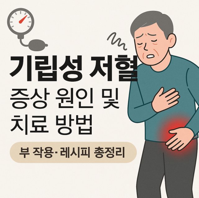 기립성 저혈압의 증상, 원인 및 치료 방법을 시각적으로 설명한 대표 이미지로 어지럼증과 혈압 관련 문제를 강조