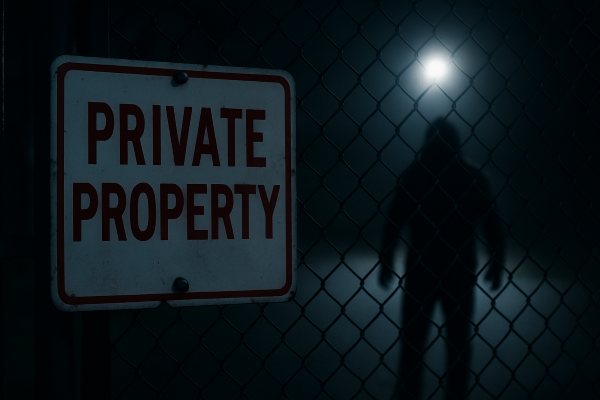 “경고 문구가 적힌 철망 담장 너머 어둠 속에 서 있는 불법침입자의 실루엣”