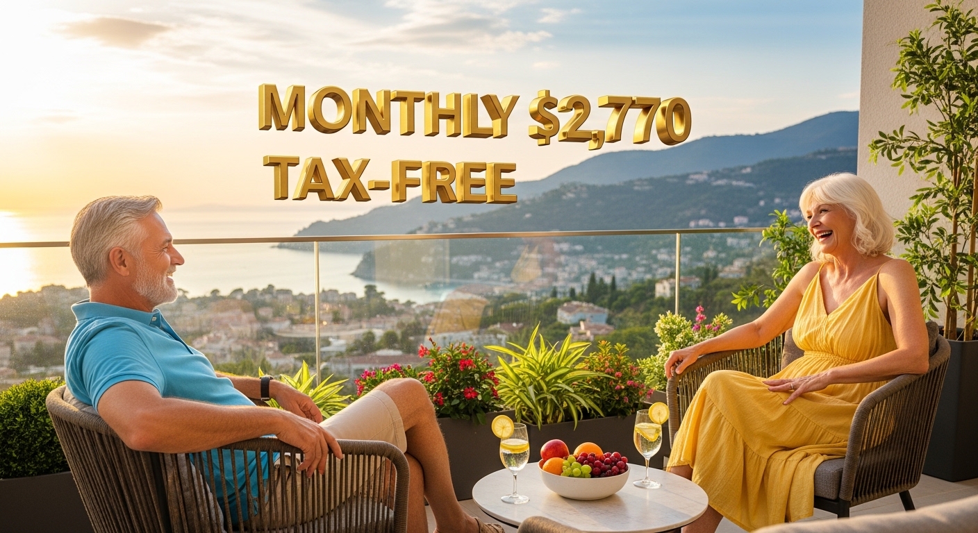 평온하게 은퇴 생활을 즐기는 노부부 옆으로 '건강보험료 0원'과 '월 277만 원'이라는 숫자가 황금빛으로 강조된 고화질 이미지