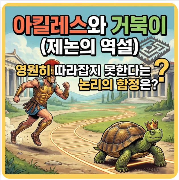 아킬레스와 거북이 (제논의 역설):** 뒤에 있는 아킬레스가 앞서가는 거북이를 영원히 따라잡지 못한다는 논리의 함정은?