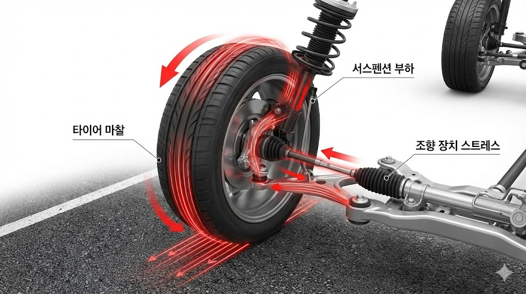 정지 상태에서 핸들을 조작할 때 타이어와 서스펜션, 조향 장치에 가해지는 스트레스를 붉은색 선과 화살표로 표현한 인포그래픽 일러스트. 각 부위에 대한 설명 라벨이 포함되어 있다.