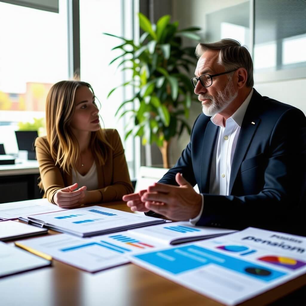 연금 관련 상담: 상담사와 고객이 대화하는 장면. 상담 테이블에 연금 관련 서류가 놓여 있는 모습.