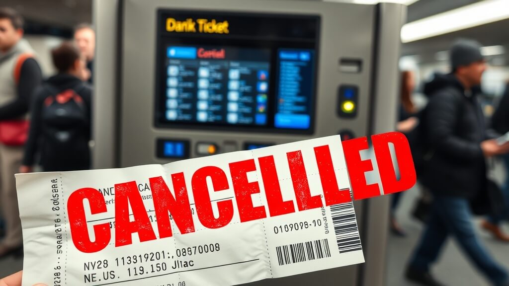 기차역 발권기 앞에 버려지거나 취소된 기차표&amp;#44; 그리고 망연자실한 표정으로 전광판을 바라보는 여행객들의 모습.