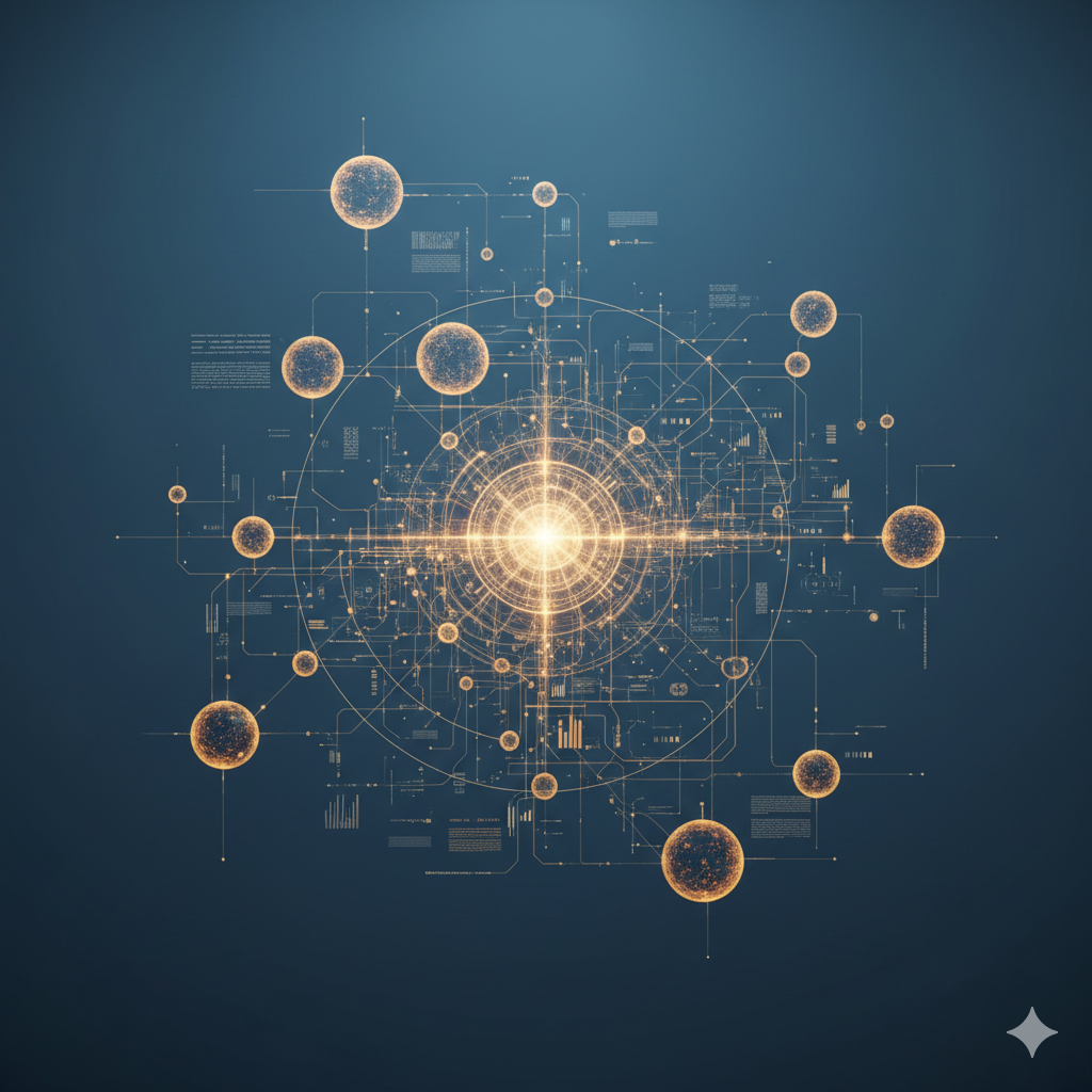 여러 개의 AI 에이전트 노드가 중심 코어를 기준으로 연결된 에이전틱 AI 오케스트레이션 구조를 시각화한 이미지