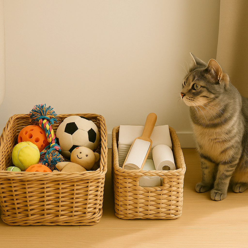 장난감과 배변 용품이 바구니에 그룹별로 정리된 모습