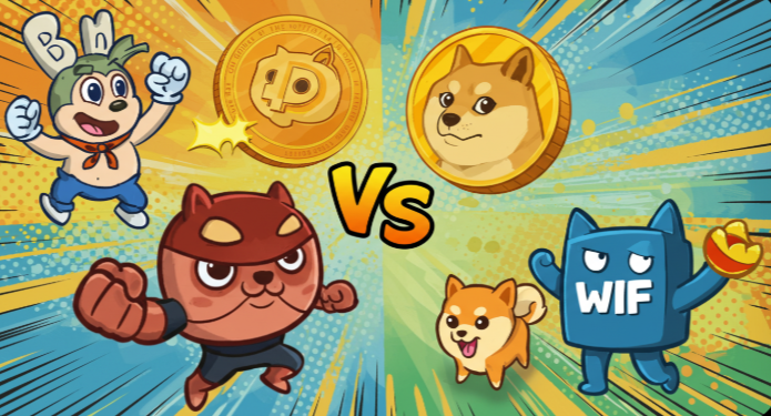 경쟁 밈코인들의 캐릭터가 함께 있는 장면